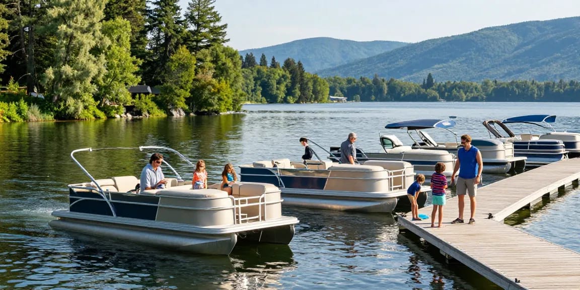 Pontoon boats for sale at Kawagama Lake, family enjoying a summer day exploring boats at the marina.