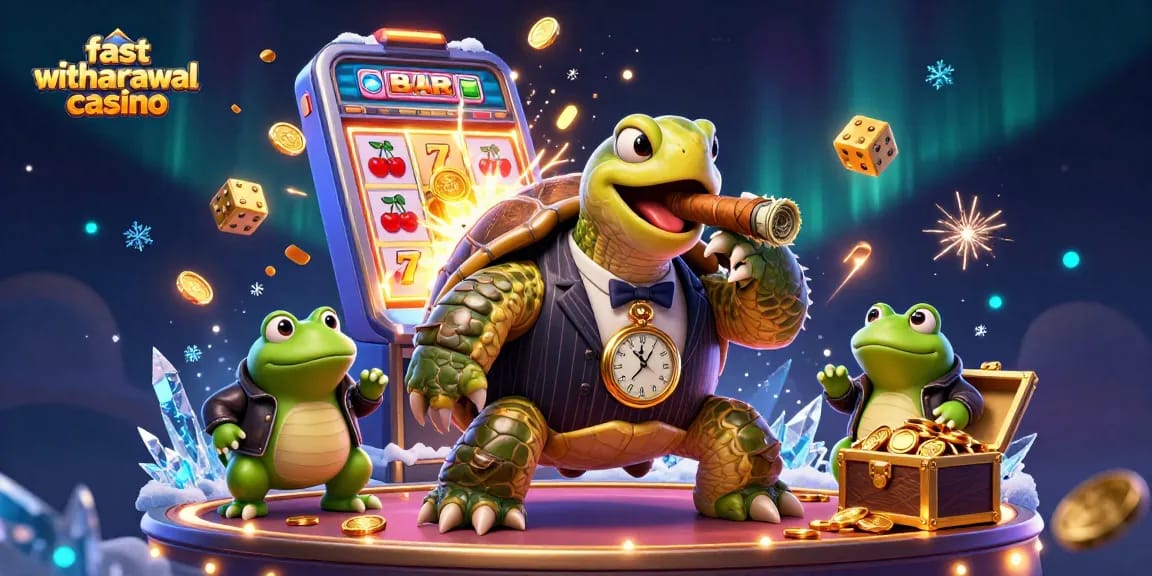Experience action at a fast withdrawal casino with a turtle mobster and bullfrog enforcers amidst slot machine excitement.