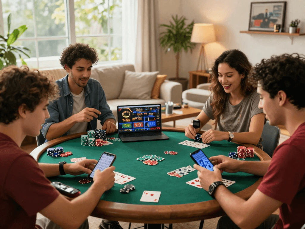 Group enjoying an online gambling session in Canada, highlighting camaraderie and excitement to gamble online canada.