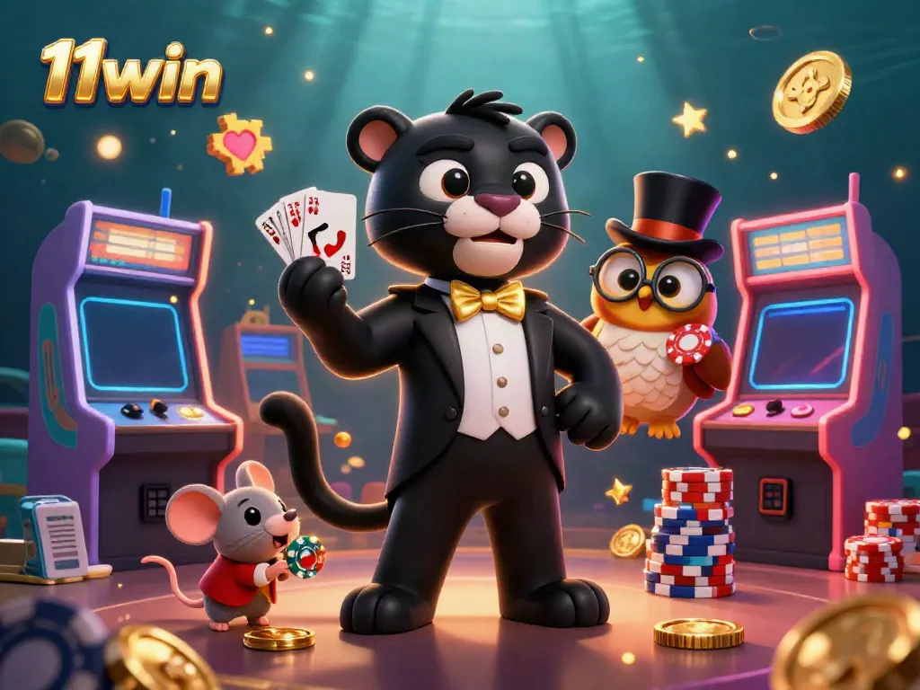 Experience the thrill of play at 11win casino with stylish characters dealing cards amidst colorful gaming elements.