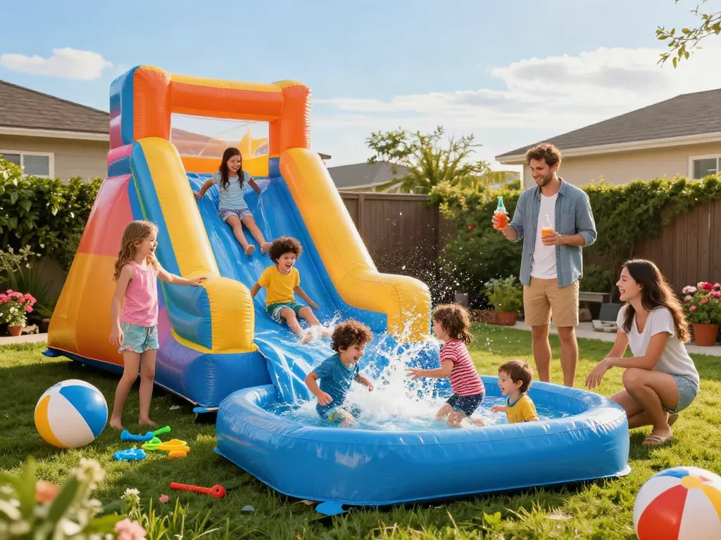 Children having fun on a colorful water slide in a sunny backyard.