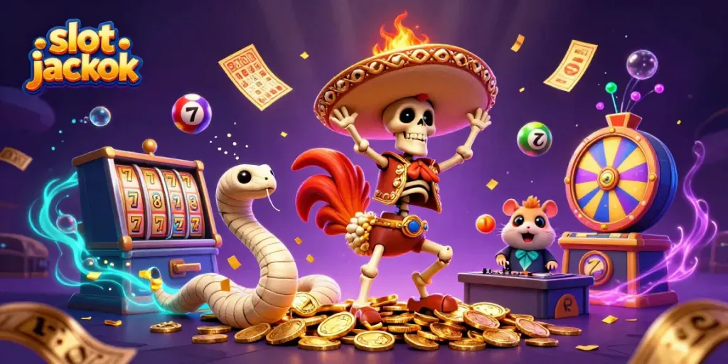 Experience the excitement of slot jackpot gaming with vibrant characters dancing among golden coins and dynamic game elements.