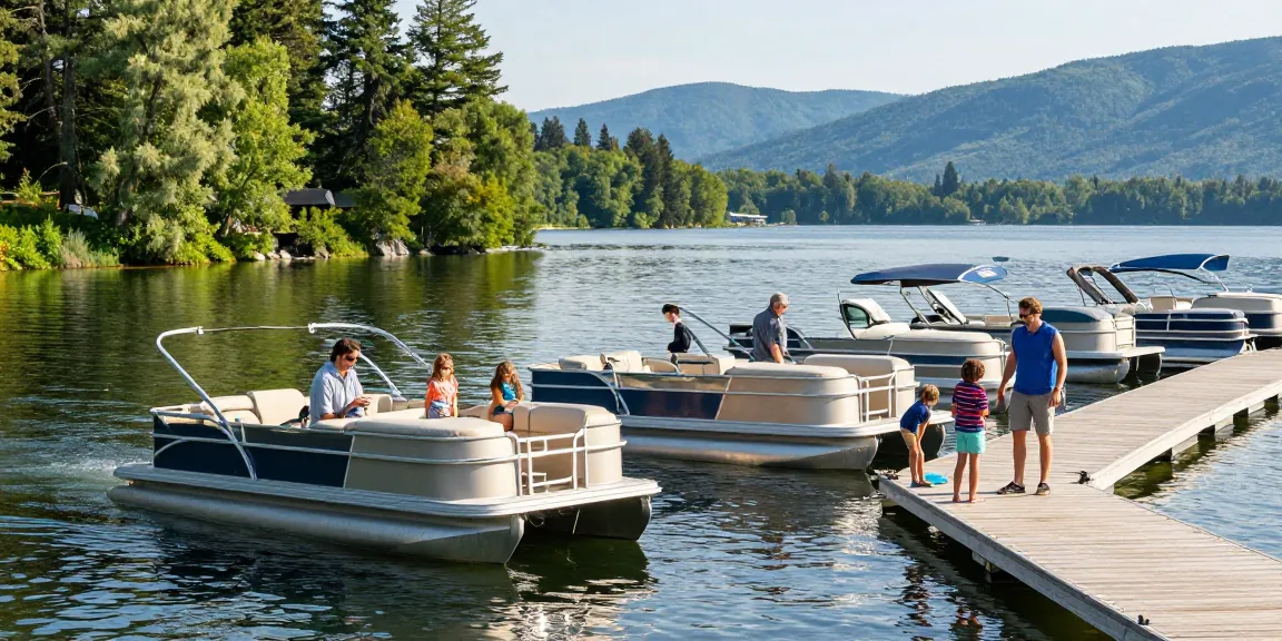 Pontoon boats for sale at Kawagama Lake, family enjoying a summer day exploring boats at the marina.