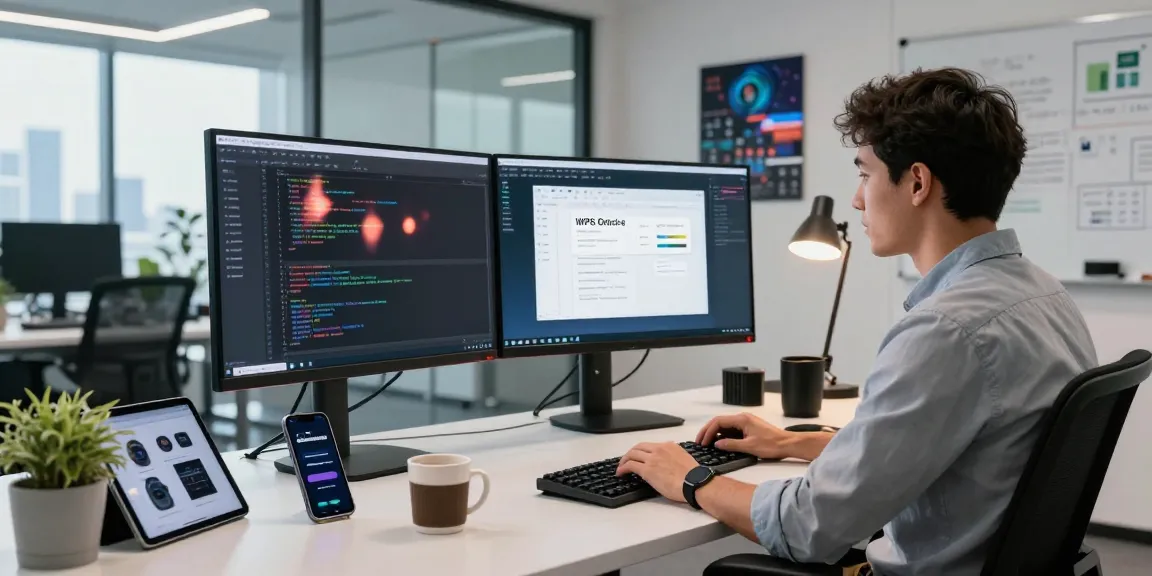 WPS Download showcased in a modern workspace with a developer coding using WPS Office on multiple monitors.