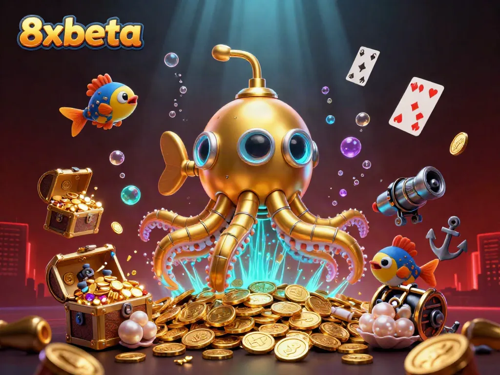 8xbeta's amazing underwater scene with a golden kraken submarine amidst coins and treasure