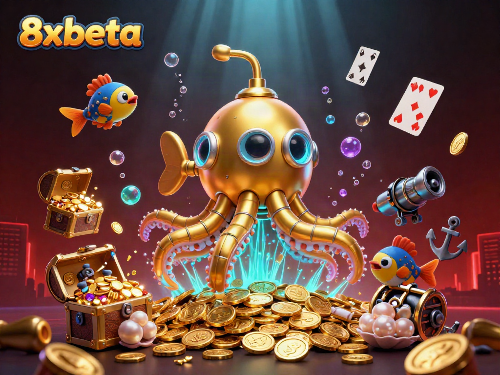 8xbeta's amazing underwater scene with a golden kraken submarine amidst coins and treasure