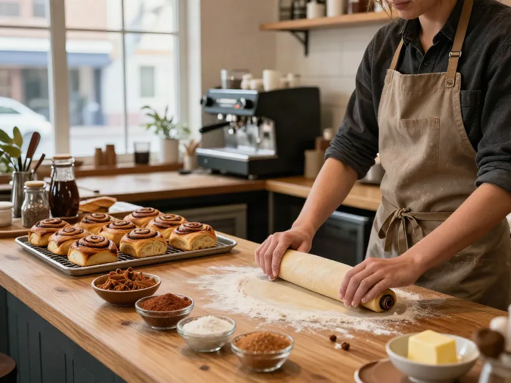 Cinnamon rolls Calgary: Barista preparing fresh cinnamon rolls in a cozy bakery, with warm lighting and inviting atmosphere.
