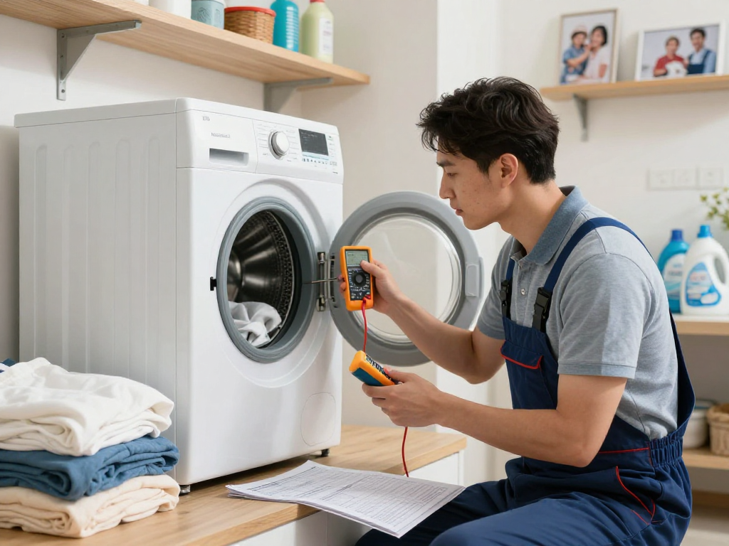 Dryer Experts assessing modern dryer components in a well-lit laundry room.