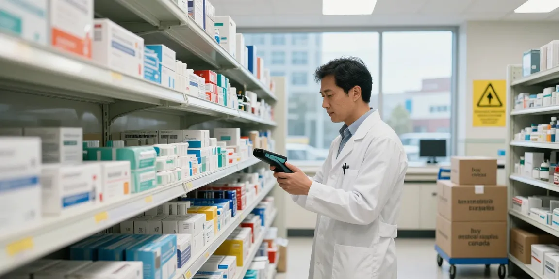 Efficient warehouse scene for buy medical supplies Canada with organized supplies and a professional checking inventory.