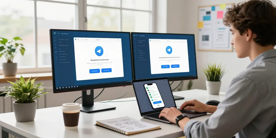 Developer engaging in Telegram download at a bright modern desk, showcasing app features on laptop and smartphone.