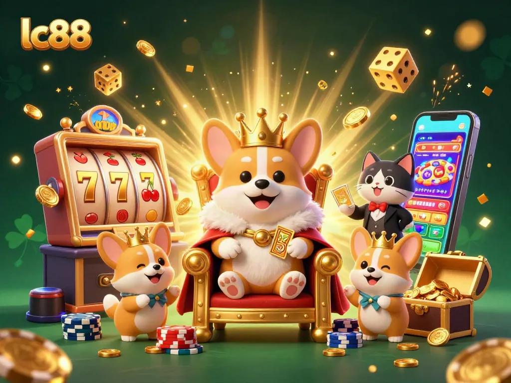 Experience thrilling jackpots with lc88 in a lively casino scene of cartoon characters and gold.