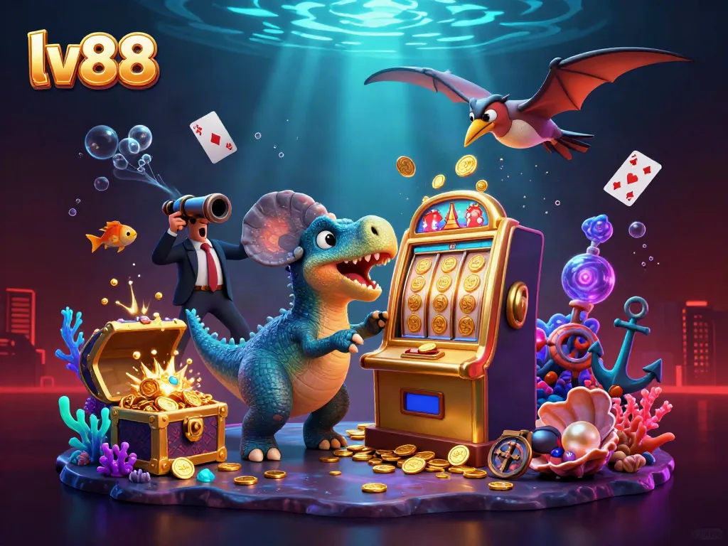 Experience the excitement of LV88 with a dynamic casino scene featuring towering dinosaurs and jackpot wins.