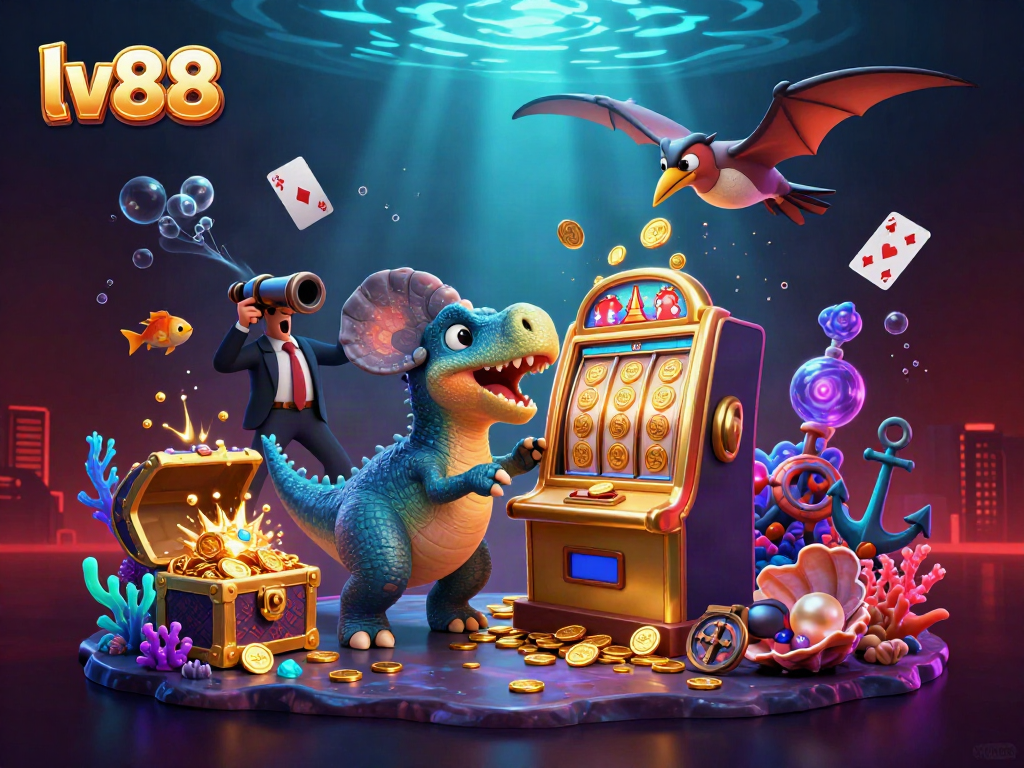 Experience the excitement of LV88 with a dynamic casino scene featuring towering dinosaurs and jackpot wins.