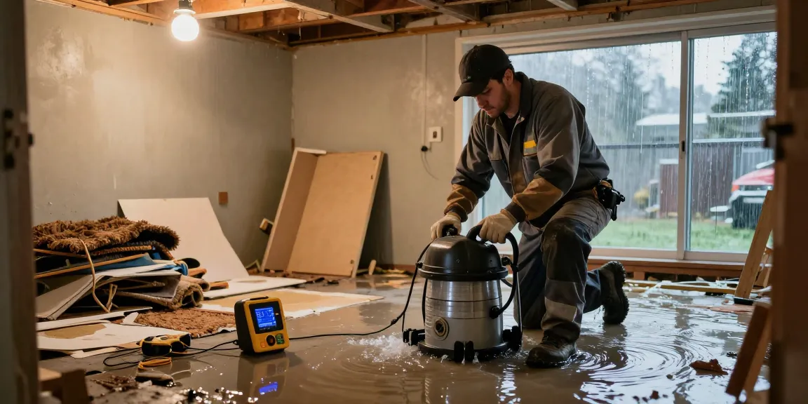 Water Damage Restoration Vancouver technician swiftly extracting water from a flooded basement, utilizing industrial-grade equipment for thorough restoration.