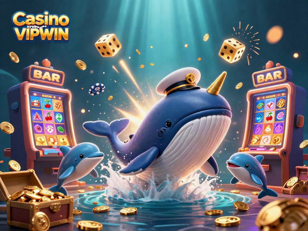 Win big at Casino Online VIPWIN with playful dolphins, coins, and vibrant casino elements.