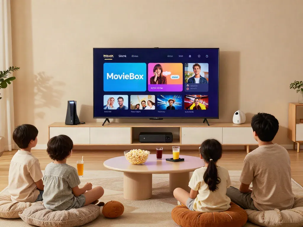 Cozy living room with family watching Movie Box download on smart TV.