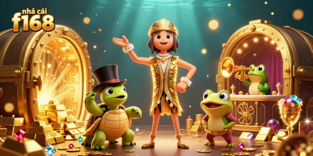 Play the exciting games at nhà cái f168, featuring cartoon characters in a festive casino scene.