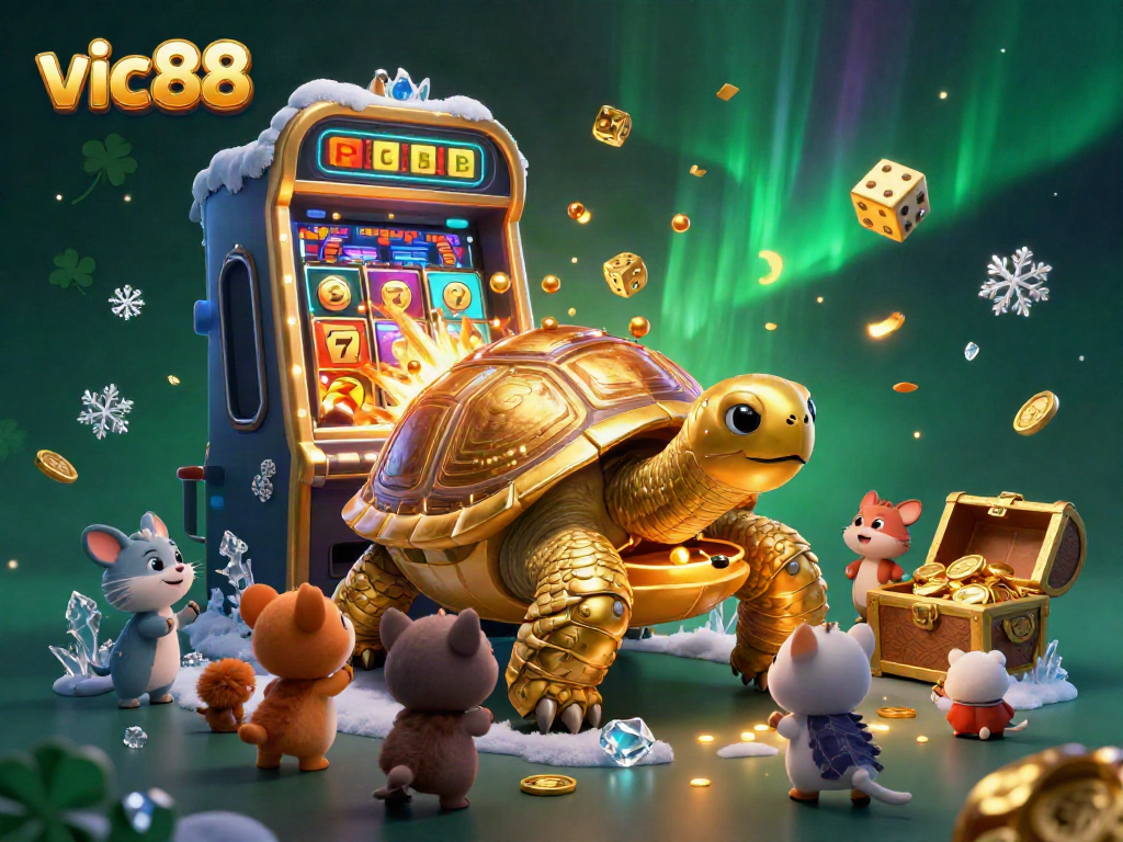 Experience excitement at vic88 with a golden tortoise pinball machine surrounded by joyful animals and dynamic game elements.