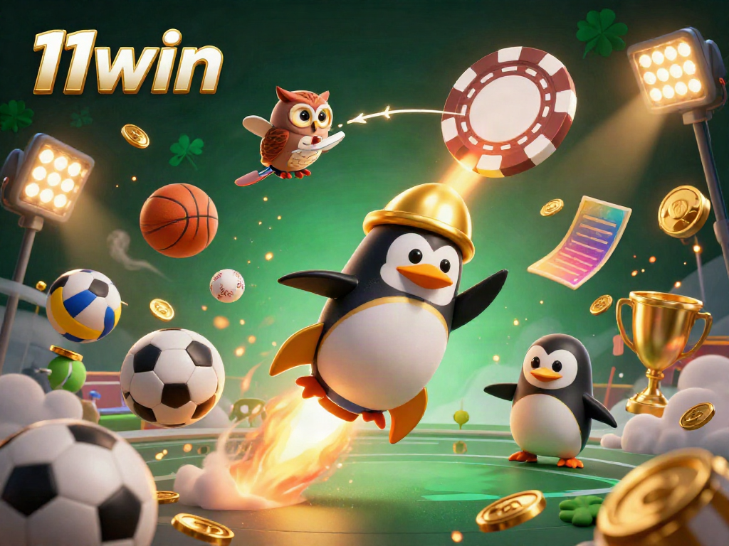 Win big with the exhilarating 11win experience as a golden penguin soars past a poker chip casino.
