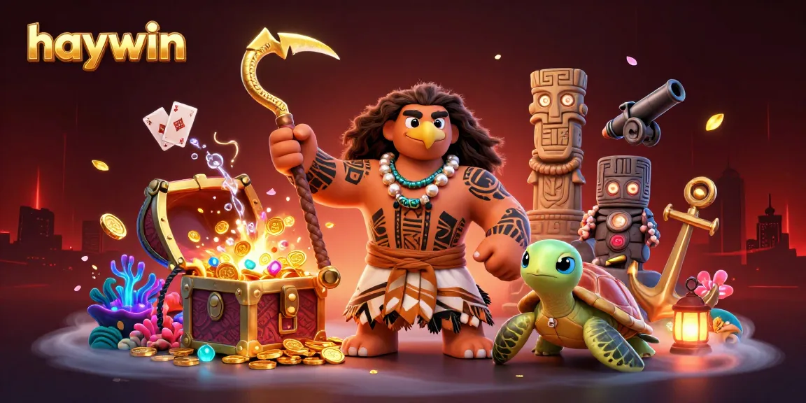 Experience exciting gameplay at haywin with Polynesian inspired characters amidst treasures and glowing gems.